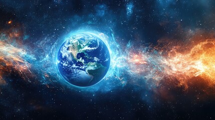 Space planet earth with energy waves around and light peeking out. Universe science astronomy space dark background wallpaper