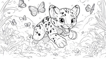 Playful Ocelot Chasing Butterflies - Cartoon Coloring Book Page for Kids