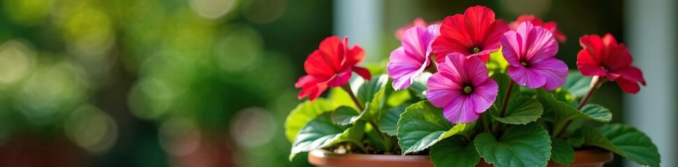 Planter with red geranium and purple surfinia, flower pot, home improvement