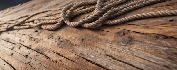 Obraz premium Weathered wooden plank with a rope wrapped around it, rope, arts and crafts, twine