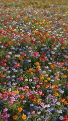 Wildflower field with isolated flowers in a sunny meadow, colorful, blossoms