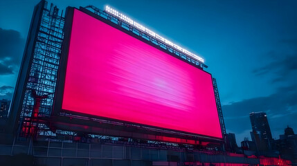 A large digital billboard displays a vibrant pink screen against a twilight city skyline.