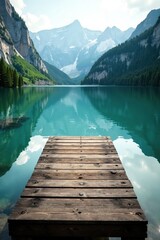 Serene lake waters reflected in the calm wooden dock, nature, wooden, serene
