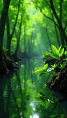 Fototapeta premium Small mangrove plants with small water-loving leaves, lake, leafy, mangroves