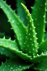 Closeup of aloe vera with spiral growths in water droplets, droplet, closeup, plant cells