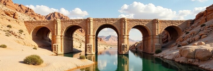 Fototapeta premium Stone bridge with arches and columns in the middle of a desert, arches, outdoor