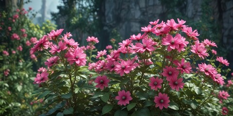 Tall flowering plant with bright pink petals, green leaves and a prominent flower head , blooming flowers, gardening