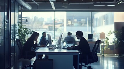 Coworkers working diligently at modern office desks