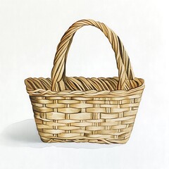 Obraz premium Watercolor painting of a rustic woven wicker basket with a handle, isolated on a white background.