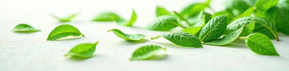 Obraz premium Delicate green tea leaves scattered on a white surface, texture, background