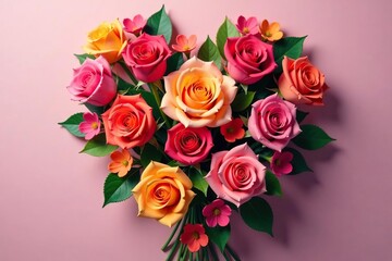 Vibrant bouquet of roses in a heart shape with colorful flowers, colorful flowers, rose arrangements