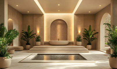 A serene spa interior featuring elegant design, plants, and a tranquil atmosphere.