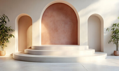 A minimalist stage with curved arches and plants, ideal for presentations or events.