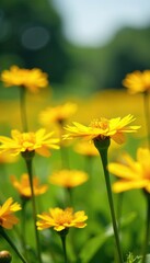 Obraz premium Field of blooming yellow calendula flowers swaying in the breeze, sunny day, blurred background