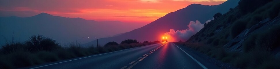 A narrow winding road at dusk with smoke billowing from a vehicle in the distance, road, smoggy atmosphere, darkness