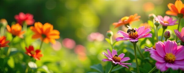 Obraz premium A picturesque scene of a sunny garden with multiple types of blooming flowers and lush greenery, including a few bees collecting nectar, pollination, sunny garden, outdoor
