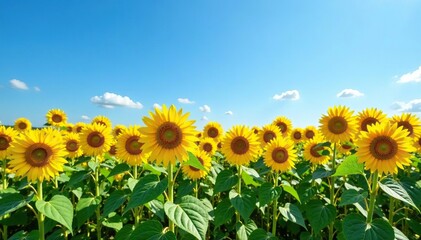 Obraz premium Field of tall golden sunflowers against a clear blue sky, field, nature, sky