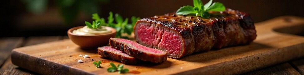 Obraz premium A perfectly cooked beef steak sliced on a wooden cutting board with a dollop of creamy chimichurri sauce, meat, juicy, cutting board
