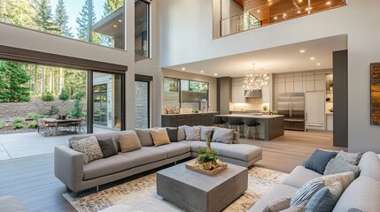 Spacious modern living room with comfortable grey sectional sofa and natural light