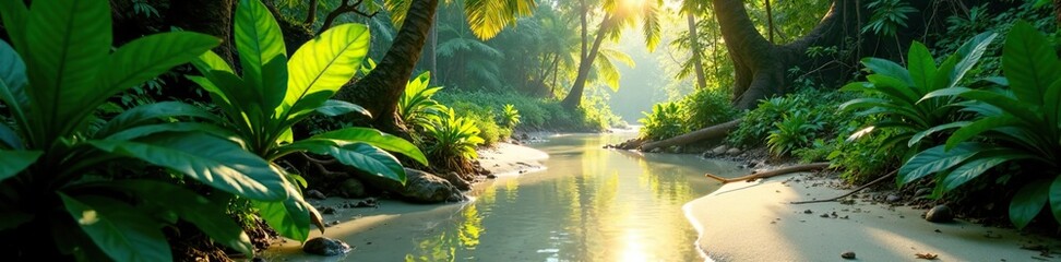 Fototapeta premium A sunlit white sand creek meandering through a dense rainforest with dappled shade and vibrant foliage, biotic environment, greenery