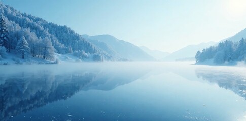 Frosty mist rising from a calm lake on an icy blue background, serene ambiance, frozen landscape, wintery scene