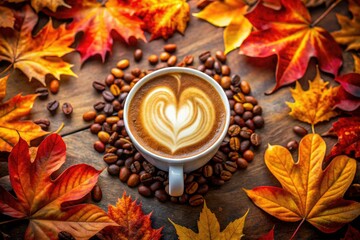 Autumn Latte Art: Cozy Coffee Beans & Leaves Bokeh Photography