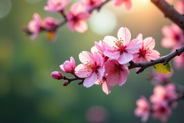 Obraz premium Branches heavy with blossoms of a flowering peach tree, blooming peach tree, nature scenery