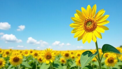In the vast expanse of a blue sky filled with a few white puffy clouds a big sunflower blooms fully bloomed and looking happy, flower, open space, sunflower