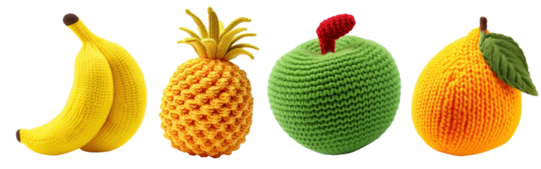 PNG Colorful crocheted fruit toys, element set on transparent background