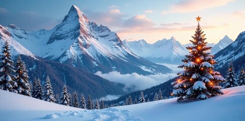 majestic snow-covered mountain range with a beautifully decorated Christmas tree in the distance, wintery landscape, serene mountain vistas