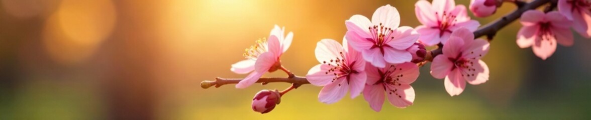 Delicate pink blossoms on a single branch with soft focus and warm sunlight, garden, botanical