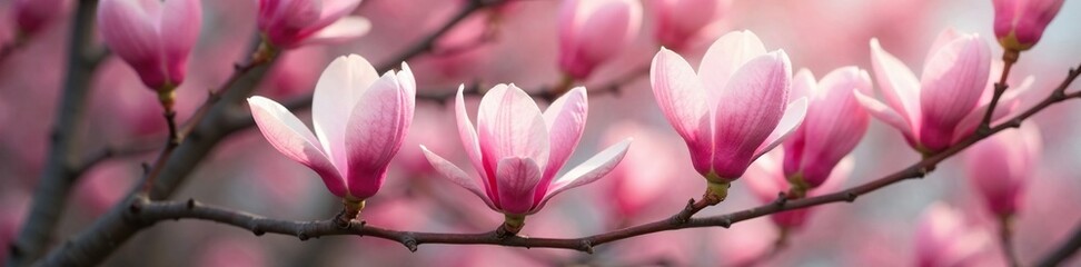 Delicate pink magnolia blooms on tree branches, botanical, foliage