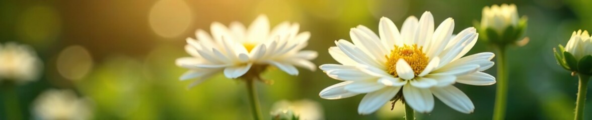 Delicate white chrysanthemum blooms unfurl in sunlight, white chrysanthemums, garden scene