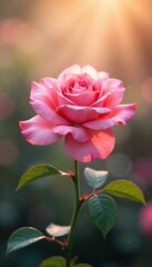 Obraz premium Delicate pink rose blooming amidst morning sunlight and mist, peaceful, soft