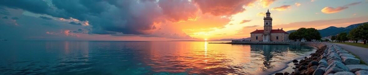 Panorama del faro verde sul molo di San Nicola a Trani alle prime ore del tramonto, mare, storia