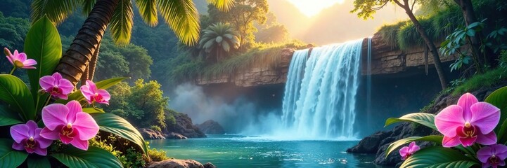Pastel rainbow waterfall background with tropical plants and orchids, flowers, rainforest