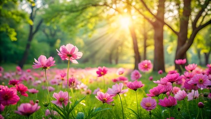 Obraz premium A bunch of bright pink flowers are blooming in the lush green grass under the morning sun