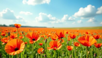 Fototapeta premium Field of bright orange poppies swaying in the wind, poppies, blooms, colorful
