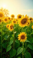 Obraz premium Field of tall sunflowers stretching towards the warm sunlight, green grass, sunflower field, outdoor scene