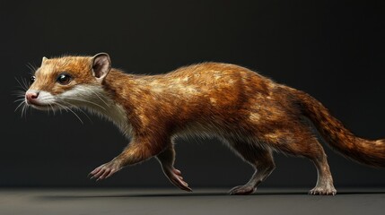 Brown Weasel Walking in a Shadowy Environment with Detailed Fur Texture and Graceful Movement