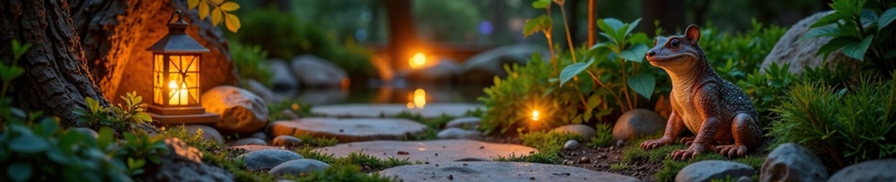 Salamandre en pierre avec lanternes en bois et lumieres de terre, peaceful retreat, earthy tones, warm atmosphere