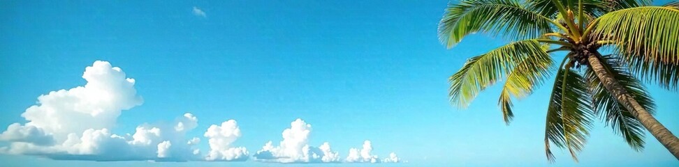 Fototapeta premium Soft focus of a blue sky with wispy clouds over the palm trees on the Florida beach, sky, shore