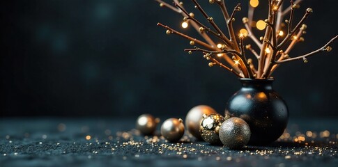 Fototapeta premium Sparkling black and silver metallic balls in a vase on a dark tablecloth, holiday, decorations, balls