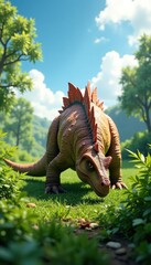 Fototapeta premium Stegosaurus grazing on ferns and plants under a sunny sky, ferns, plant-eater