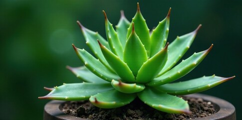 Fototapeta premium Low-growing aloe plant with thick fleshy leaves and vibrant green color, succulent, aloe aristata rosette with bud, leaf shape