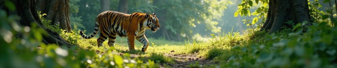Obraz premium Tiger ambushing its prey in a hidden clearing, wait, terrain