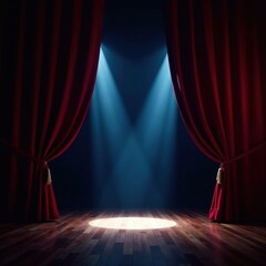 Theater curtains partially opened with beams of light shining through onto a dark stage, performance, dramatic lighting