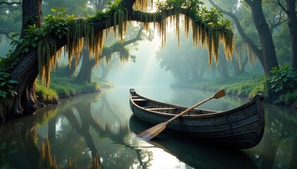 Old wooden canoe on a peaceful bayou with Spanish moss hanging from trees, river, misty atmosphere, peaceful