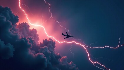 Turbulent storm clouds with lightning illuminating the dark sky, airplane flying through the turbulent air, aerodynamic forces, turbulent weather, lightning strike
