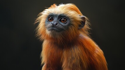 Fototapeta premium Captivating Portrait of a Golden-Headed Lion Tamarin with Intense Eyes and Fluffy Fur Against a Dark Backdrop